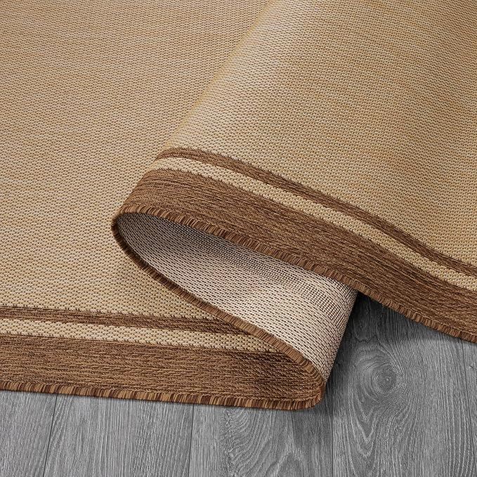 CAMILSON Indoor Outdoor Rug, 10x14 Bordered Natural Brown Modern Large Area Rugs for Indoor and Outdoor Patios, Kitchen and Hallway Mats, Washable Porch Deck Outside Carpet (Jute, 10 x 14)