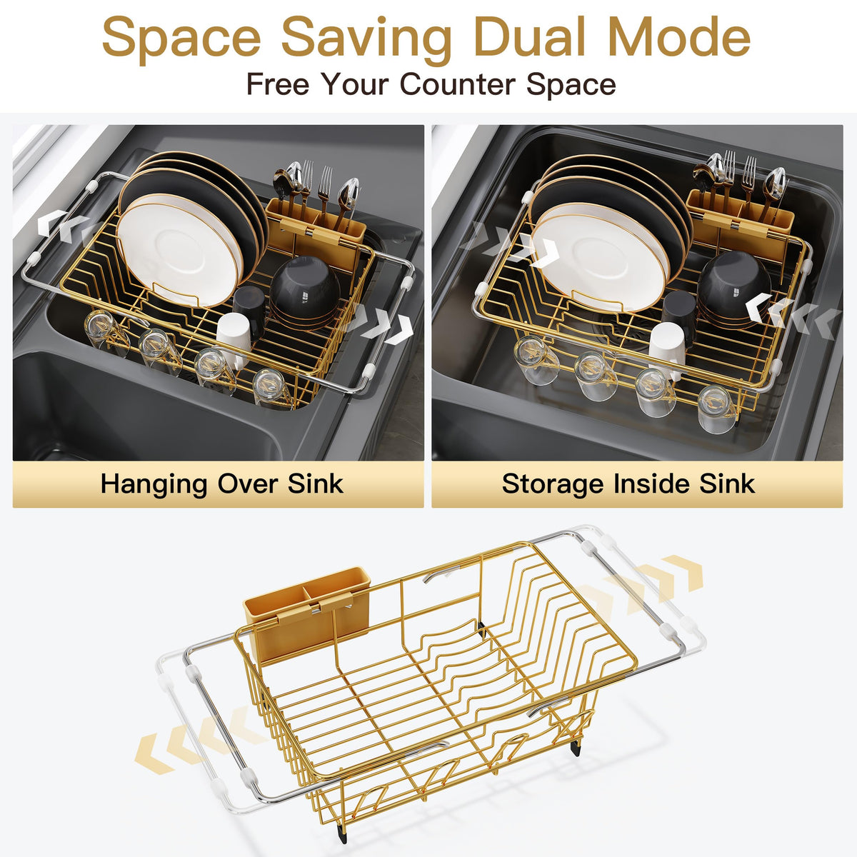 JASIWAY Gold Dish Drying Rack in Sink, Dish Drainer with Utensil Holder