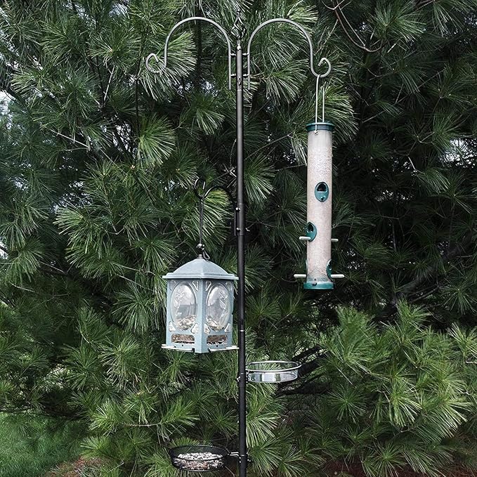 Ashman Deluxe Bird Feeding Station (4 Pack) Bird Feeders for Outside - Multi Feeder Pole Stand Kit with 4 Hangers, Bird Bath and 3 Prong Base for Attracting Wild Birds - 22 Inch Wide x 92 Inch Tall.