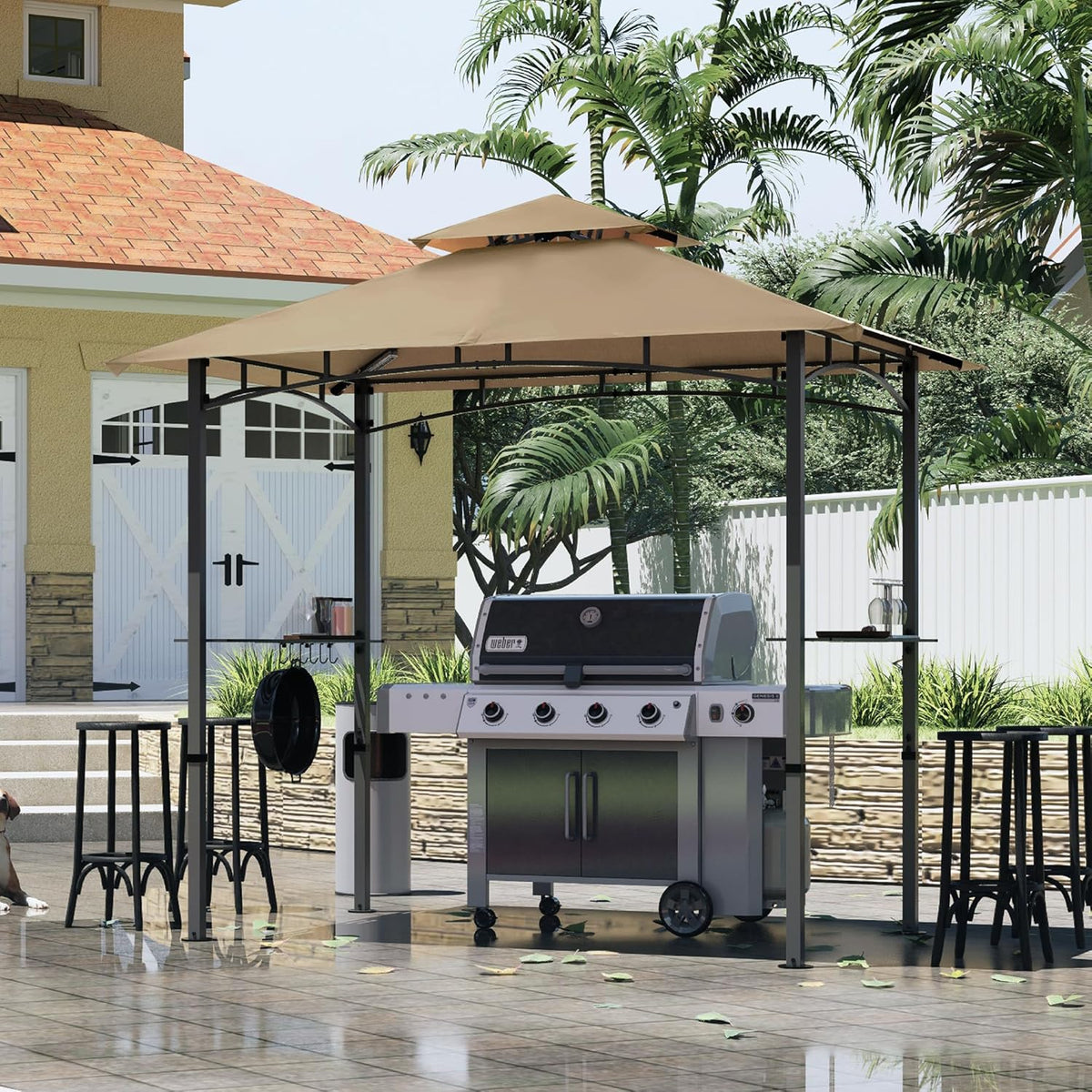 MASTERCANOPY 8 x 5 Grill Gazebo Outdoor BBQ Gazebo Canopy with 2 LED Lights (Khaki)