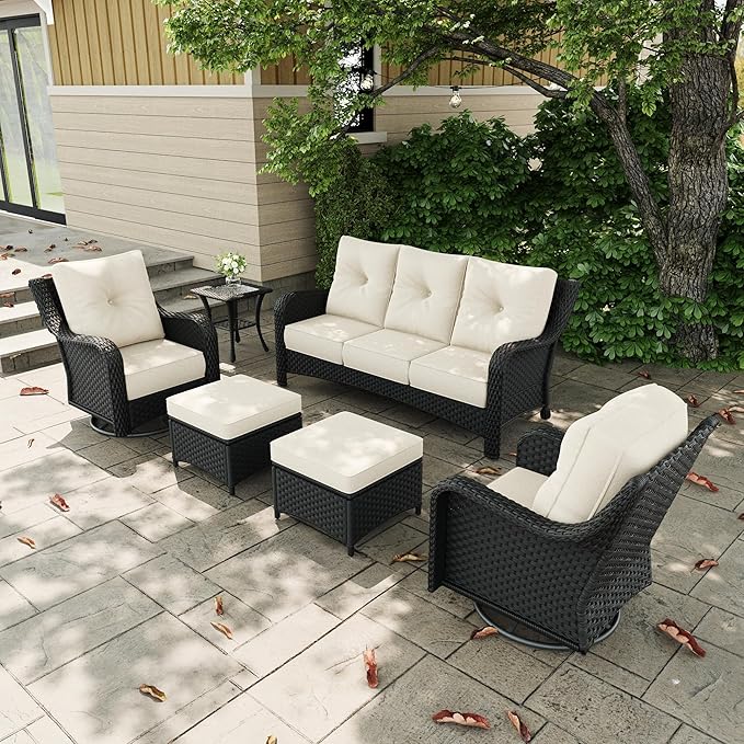 6 Pieces Outdoor Patio Furniture Sets with Rocking Swivel Chairs with 6-inch Thick Cushion and Side Table for Deck Lawn