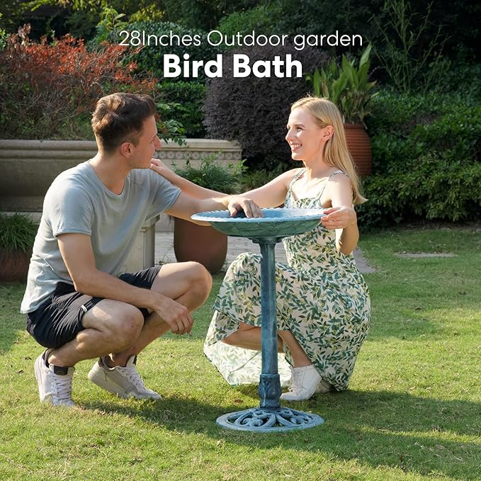 VIVOHOME 28 Inch Height Polyresin Lightweight Antique Outdoor Garden Bird Bath Blue