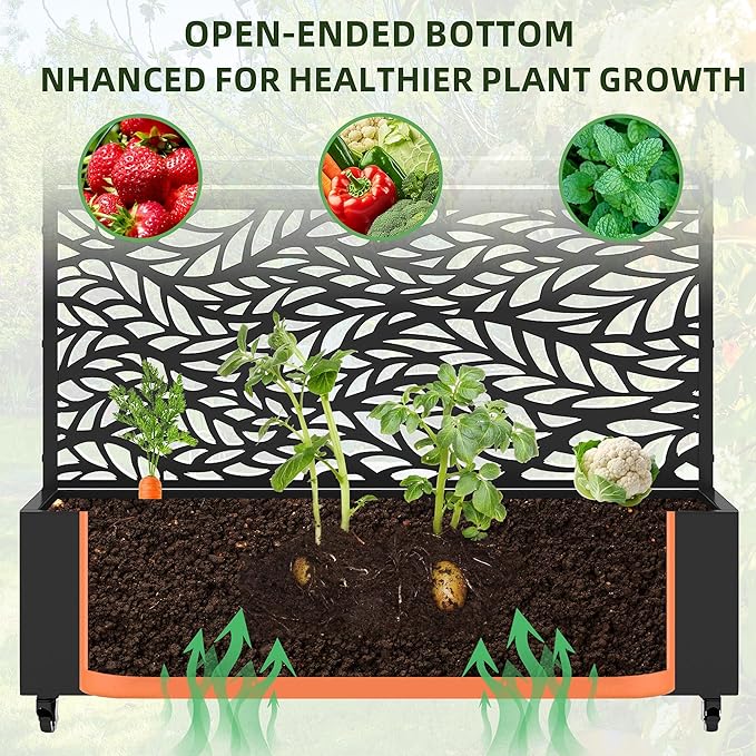 Casaphoria Metal Raised Garden Bed with Trellis and Wheels, 72"x47"x16" Planter Box for Climbing Plants, Vegetables & Vines, Features Drainage Holes and Privacy Screen, Black(Spring&Louvered)