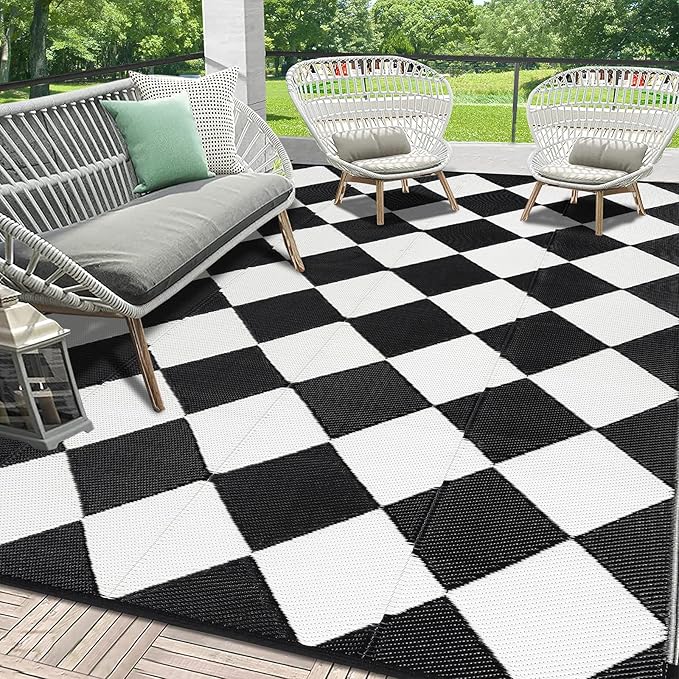 HEBE Outdoor Rug Waterproof 9x12, Reversible Plastic Straw Rug RV Camping Rug, Indoor Outdoor Patio Mat Clearance, Outside Carpet for Porch,Deck,Camper,Balcony,Backyard,Picnic