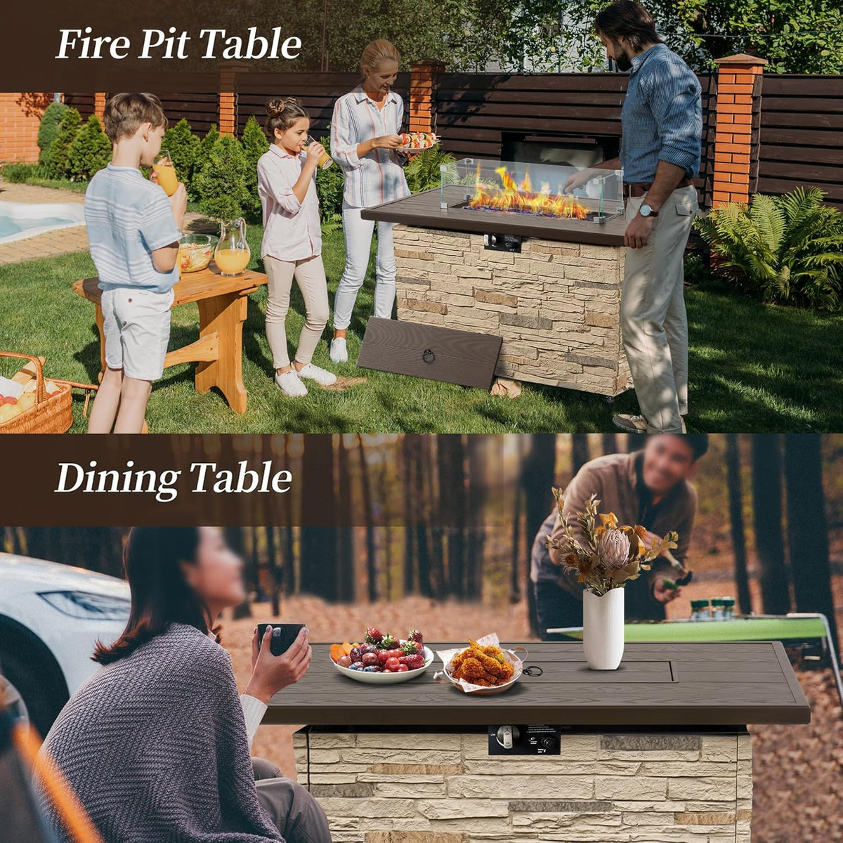 43¡± Propane Fire Pit Table Outdoor Rectangular Stone Firepit Table 50,000 Btu Propane Fire Tables for Outside Patio with Glass Wind Guard, Lid, Fire Glass Beads,Buff Rock Look