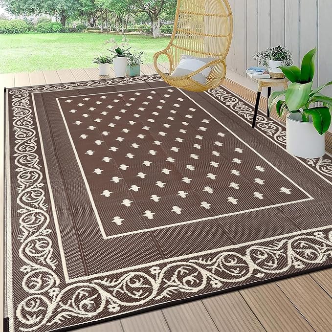 Pauwer Waterproof Outdoor Rug 8x10, Reversible Plastic Straw Patio Camping Rug, Indoor Outdoor RV Mat Carpet for Deck, Camper, Porch, Balcony, Backyard, Picnic, Bordered Brown