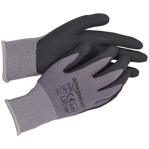 Amazon Basics Micro-Foam Nitrile Coated Work Gloves, Nylon Liner Fiber, Touch Screen, Grey, Size 6/XS, 12-Pair