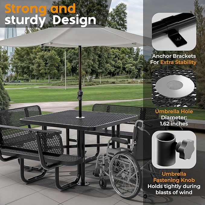 Metal Picnic Tables for Outdoors with Umbrella Hole - Coated Steel Heavy Duty Commercial Grade Table with Adjustable Seats (Black, 46 in, Square with Back, Expanded Steel)