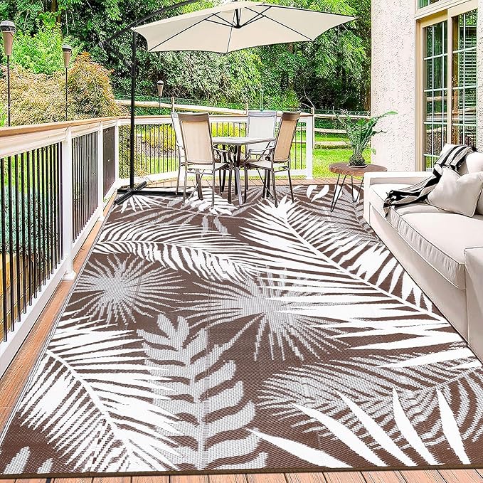 HiiARug Outdoor Rugs 9'x12' for Patios Clearance Brown Reversible Outdoor Rug, Outdoor Plastic Straw Rug RV Camping Rug Large Outdoor Mat for RV, Patio, Backyard, Deck, Picnic, Beach, Trailer, Camping