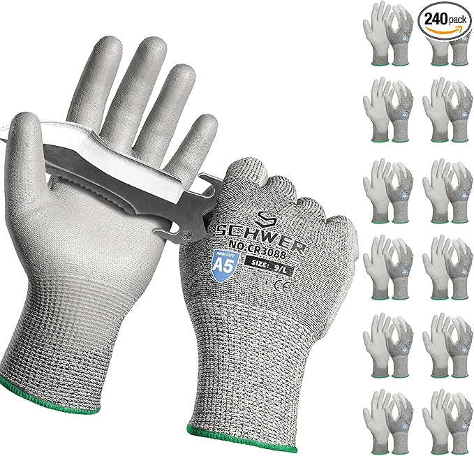 Schwer 240 Pairs ANSI A5 Cut Resistant Work Gloves, Cut Proof Gloves with PU Coating, Used for Metal Fabrication, WoodWorking, Construction, Non Slip, Durable, L, CR3088
