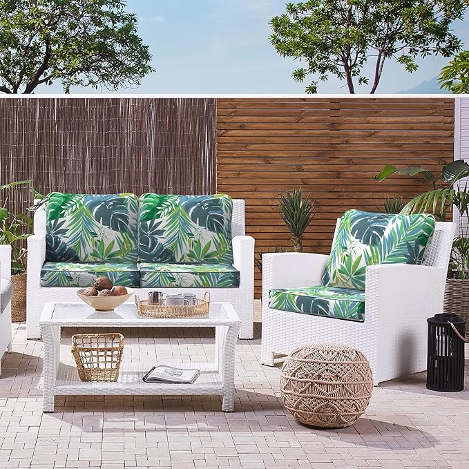 LVTXIII Outdoor Deep Seat Cushion Patio Seat and Back Cushion Set Seasonal Chair Cushion with Removable Cover and Adjustable Buckle for Home and Garden, 24"x24"x4", Islamorada Blue Green