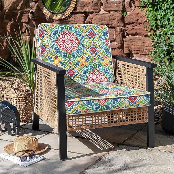 LVTXIII Patio Chair Cushions 22"x22"x3", Water-Repellent Outdoor Seat Cushions for Patio Furniture, Square Chair Pads with Ties for Home Garden Decoration, Set of 2, Damask Red