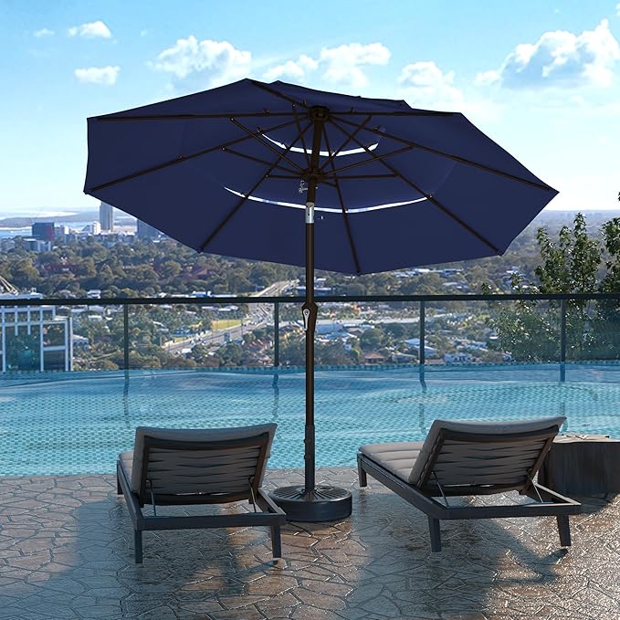 Kingdura 10ft 3-Tier Patio Umbrella, Outdoor Table Umbrella with Easy Crank & Tilt, 8 Reinforced Ribs, UV Protection for Deck, Pool, Market, Backyard (Navy blue)