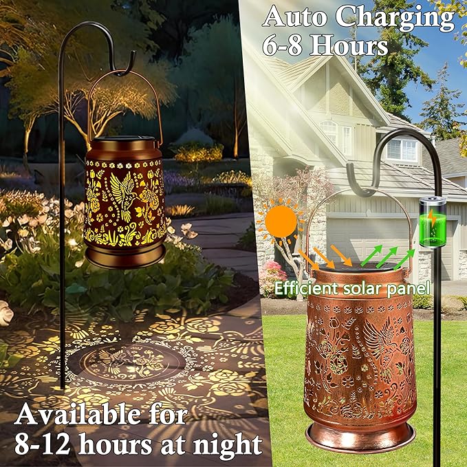 KY&BOSAM Solar Hummingbird Lanterns Outdoor Waterproof,LED 300 Lumens Metal Hanging Outside Lantern Lights Decorative for Yard Backyard Porch Garden Decorations Birthday Gifts for Women Mom Grandma