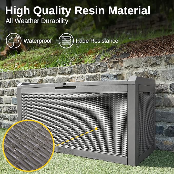 EAST OAK Outdoor Storage Box, 100 Gallon Deck Box, Waterproof Resin Storage Bench for Patio Cushions, Gardening Tools, Pool Accessories, Lockable, UV Resistant, Grey