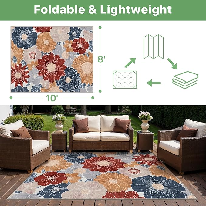 GENIMO Indoor Outdoor Area Rug 8' X 10' Waterproof, Washable Patio Rug Non Shedding, Easy Cleaning Floral Outdoor Carpet for Living Room, Bedroom, Dining Room, Balcony, Backyard, Deck, RV, Red Blue