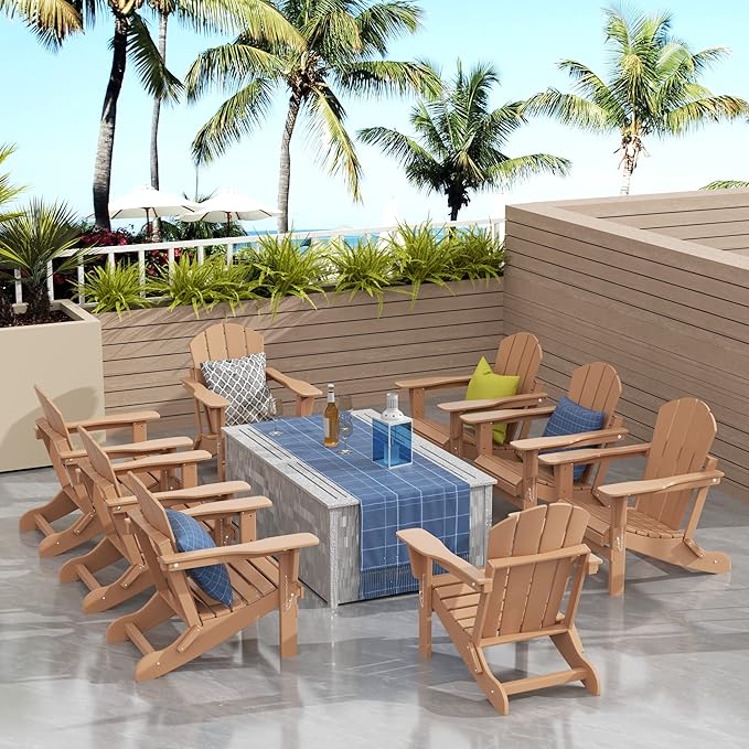 Westin Outdoors Laguna WO Outdoor Adirondack Folding Patio Chairs 8 PCS Set Retro Beach Aesthetic for Backyard, Lawn, Patio, Deck, Garden, Weather Resistant Polyethylene Plastic Lounger (Teak)