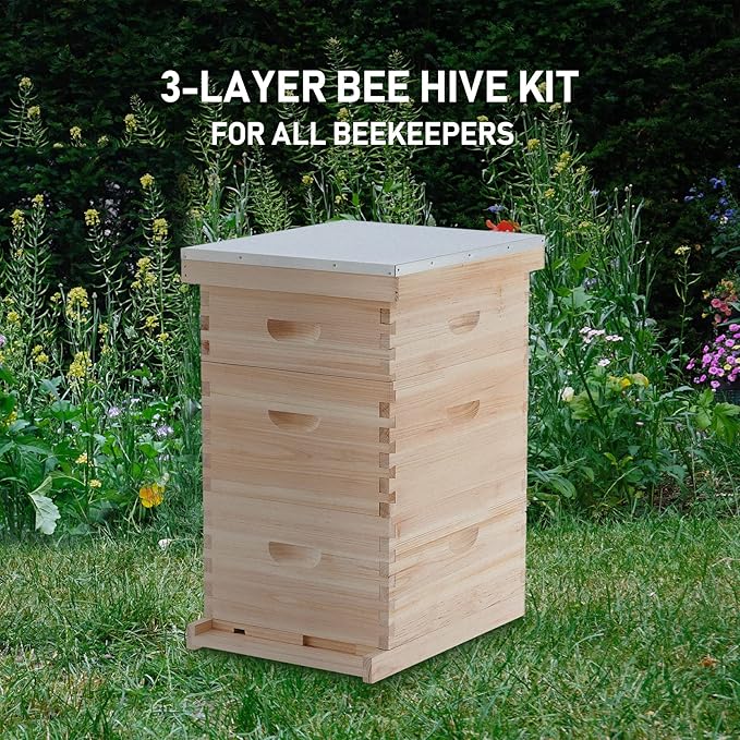 CREWORKS Bee Hive Boxes Starter Kit, 3 Layer Bee House with 10 Medium and 20 Deep Frames & Foundations, Langstroth Beehive for Bee Keeping, Beekeeping Supplies with Plastic Queen Excluder and Nails
