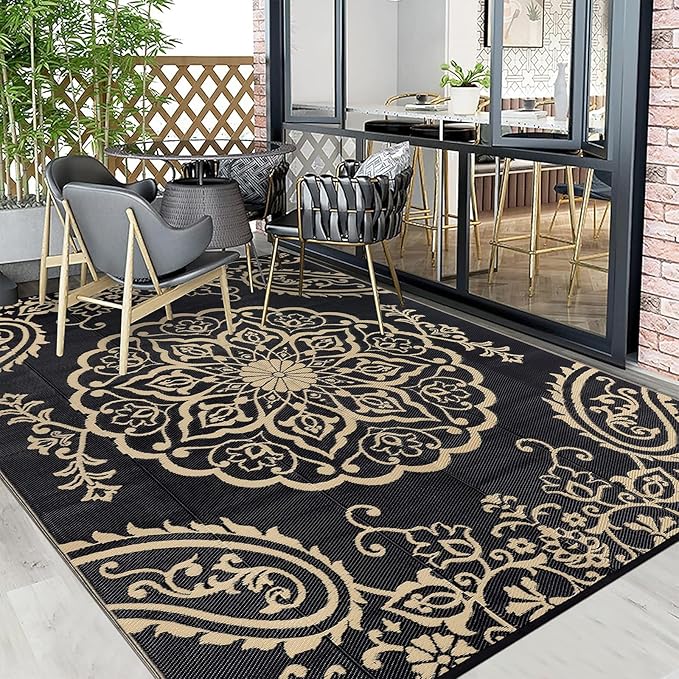 Pauwer Waterproof Outdoor Rug 6x9, Reversible Plastic Straw Patio Camping Rug, Indoor Outdoor RV Mat Carpet for Deck, Camper, Porch, Balcony, Backyard, Picnic, Boho Black Brown