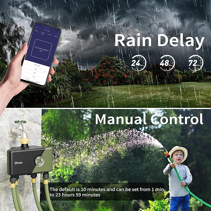 Diivoo WiFi Water Timer 4 Outlets with Brass Inlet, Smart Sprinkler/Hose/Tap Timer Compatible with Alexa & 24 Irrigation Plans & Rain Delay, Garden Watering Systems Controller with 2 Watering Modes