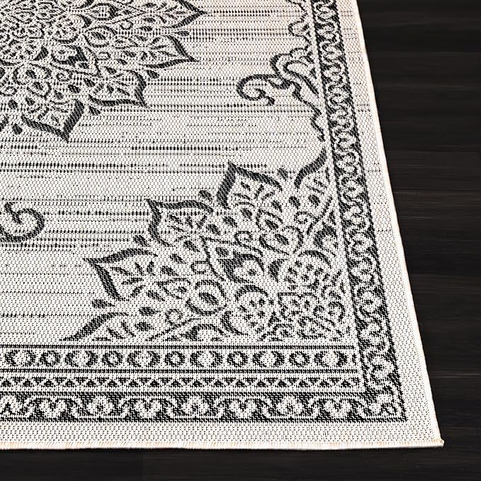 CAMILSON Outdoor Rug, 8x10 Medallion White Black Modern Area Rugs for Indoor and Outdoor Patios, Kitchen and Hallway Mats, Washable Porch Deck Outside Carpet (Medallion White, 8 x 10)