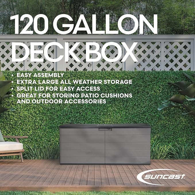 Suncast 120-Gal. All-Weather Patio Deck Box with Pad-Lockable Split Top Lid, Extra-Large Outdoor Storage Unit for Patio Furniture and Grill Tools, Made in the USA