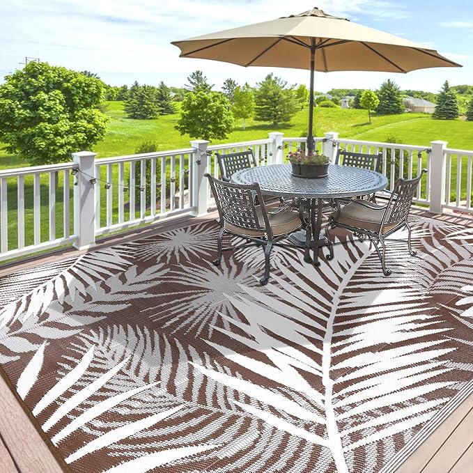 HiiARug Outdoor Rugs 9'x12' for Patios Clearance Brown Reversible Outdoor Rug, Outdoor Plastic Straw Rug RV Camping Rug Large Outdoor Mat for RV, Patio, Backyard, Deck, Picnic, Beach, Trailer, Camping