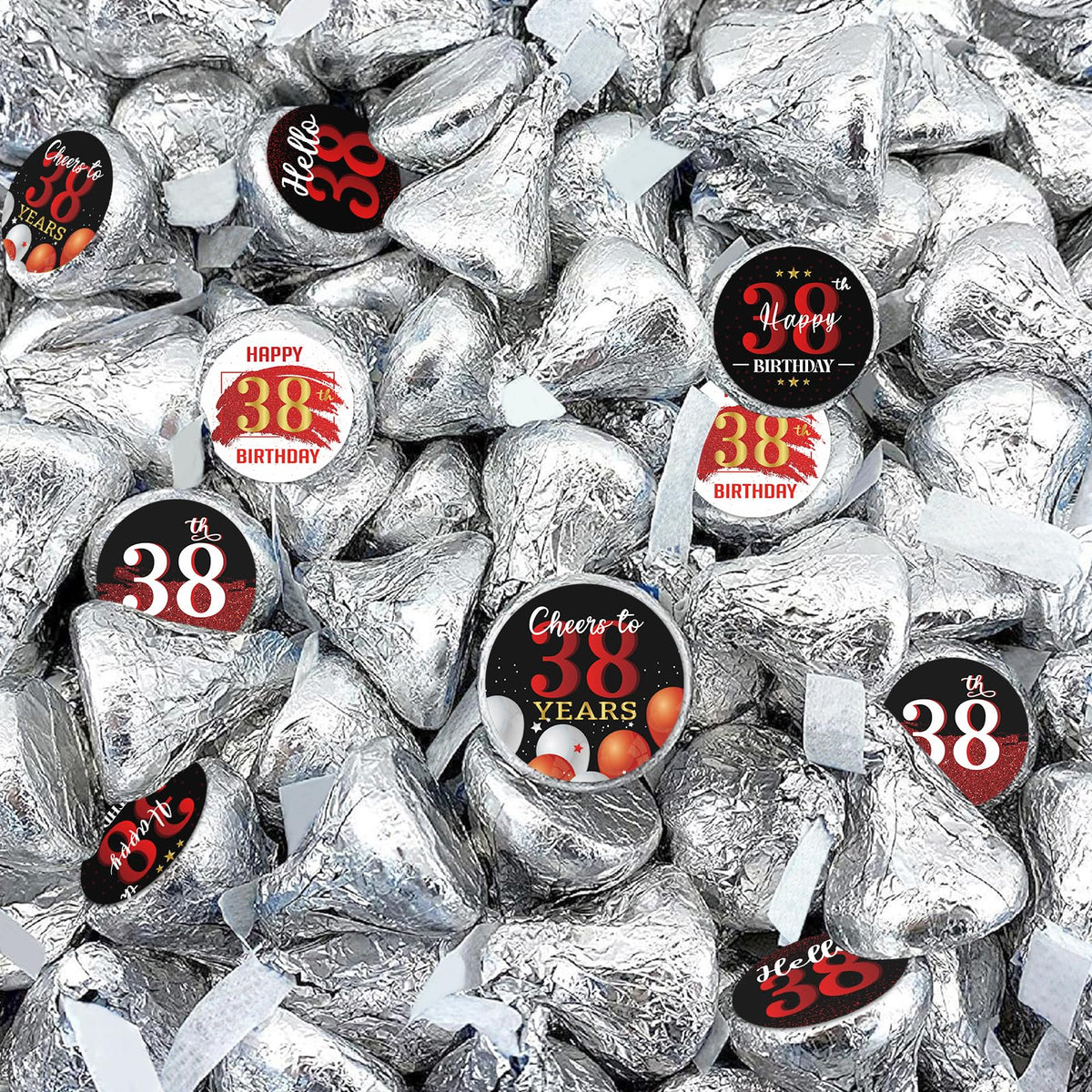 Happy 38th Birthday Party Favor Labels Chocolate Candy Stickers - Thirty Eight Years Old Birthday Round Candy Sticker Party Favors - Black and Red