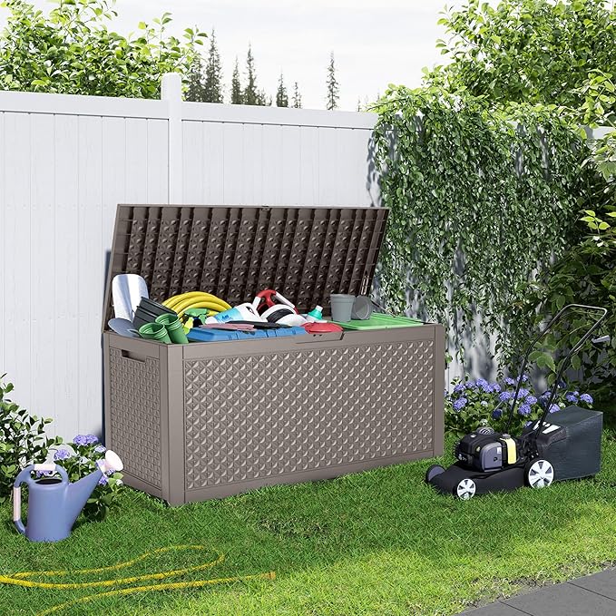 100 Gallon Resin Deck Box, Lockable Outdoor Storage Box for Patio Cushions Storage Furniture,Garden Tools, Pool Supplies, Weatherproof and UV Resistant (Grey L)