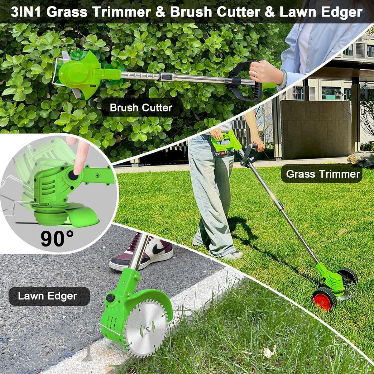 Electric Weed Wacker Eater Battery Powered, Cordless 21V Weed Trimmer with 2 Battery Operated & Charger & Wheels & Shears, 3 in 1 Lightweight Grass Trimmer/Edger/Brush Cutter for Garden Yard Lawn