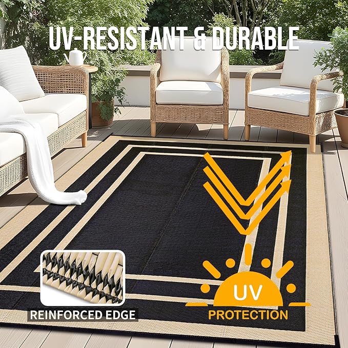 OLANLY Outdoor Rug 6x9 ft Waterproof, Reversible Outdoor Plastic Straw Rug, RV Mat, Indoor Outdoor Carpet Clearance for Patio, Camping, Balcony, Deck, Backyard, Black & Beige