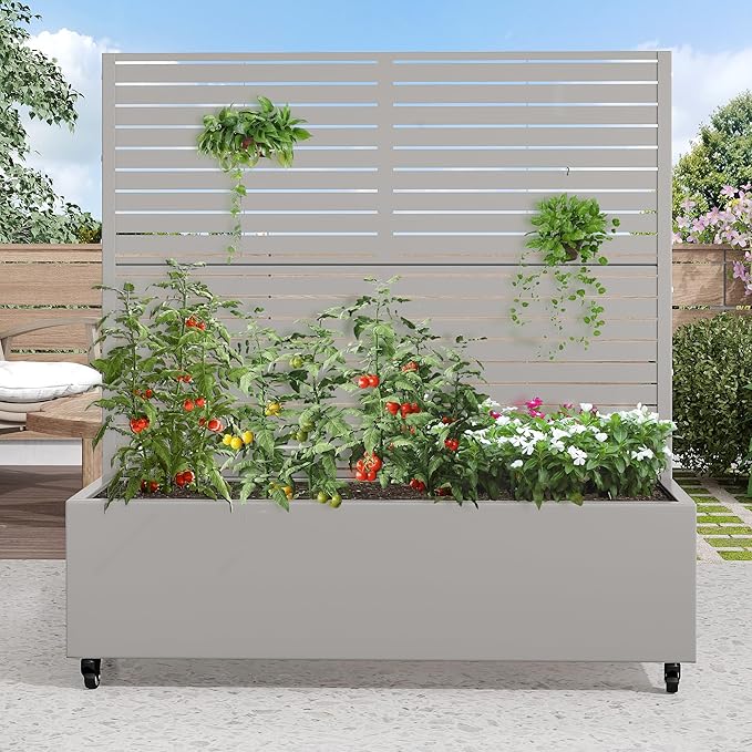Casaphoria Metal Raised Garden Bed with Trellis and Wheels, 47"x47"x16" Planter Box for Climbing Plants, Vegetables & Vines, Features Drainage Holes and Privacy Screen (Grey-Louvered)