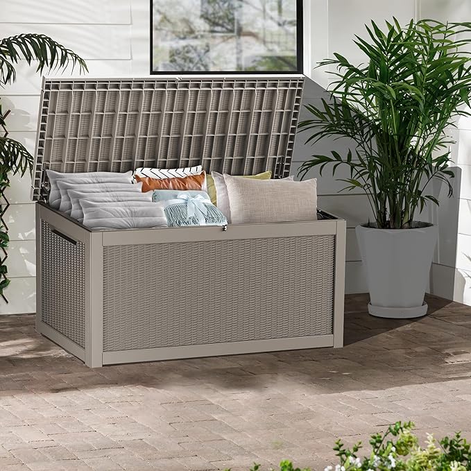 320 Gallon Lockable Resin Deck Box, Waterproof & UV-Resistant Outdoor Storage Box for Outdoor Cushion Storage, Garden Tools & Pool Accessories Storage, Gray