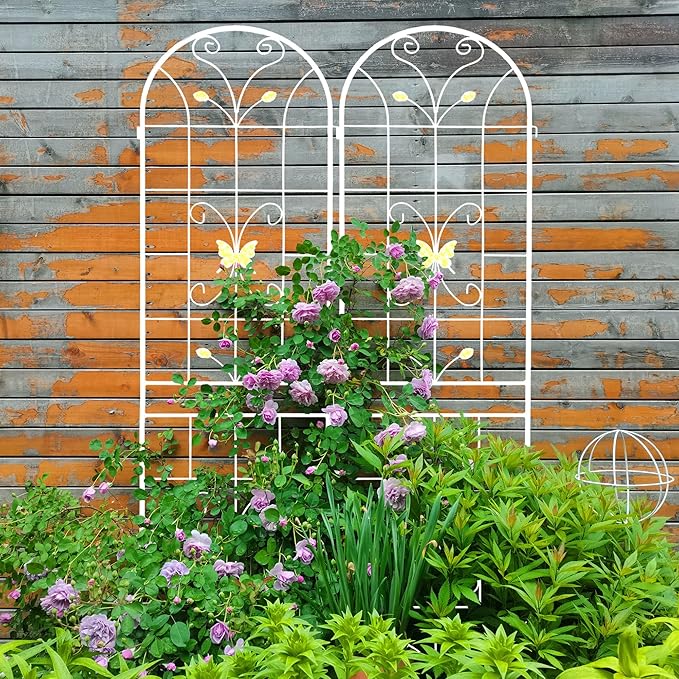 2 Pack Metal Garden Trellis 86.7" Black Fence Rustproof Garden Trellis for Climbing Plants Support Roses Flower Outdoor Lawn, Cream White
