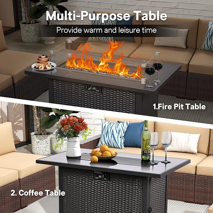 5 Piece Patio Furniture Set with 43" Propane Fire Pit Table, Outdoor Wicker Conversation Set, Rattan Modern Sectional Sofa Couch with Coffee Table for Backyard Porch Garden Poolside, Black-Blue