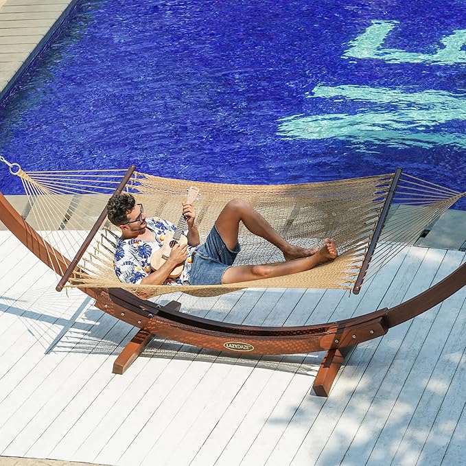 Lazy Daze Hammocks 10.5 FT Double 2 Person Caribbean Rope Hammock, Hand Woven Polyester Hammock with Spreader Bars, for Outside Outdoor Backyard Patio Poolside,450 LBS Capacity, Tan