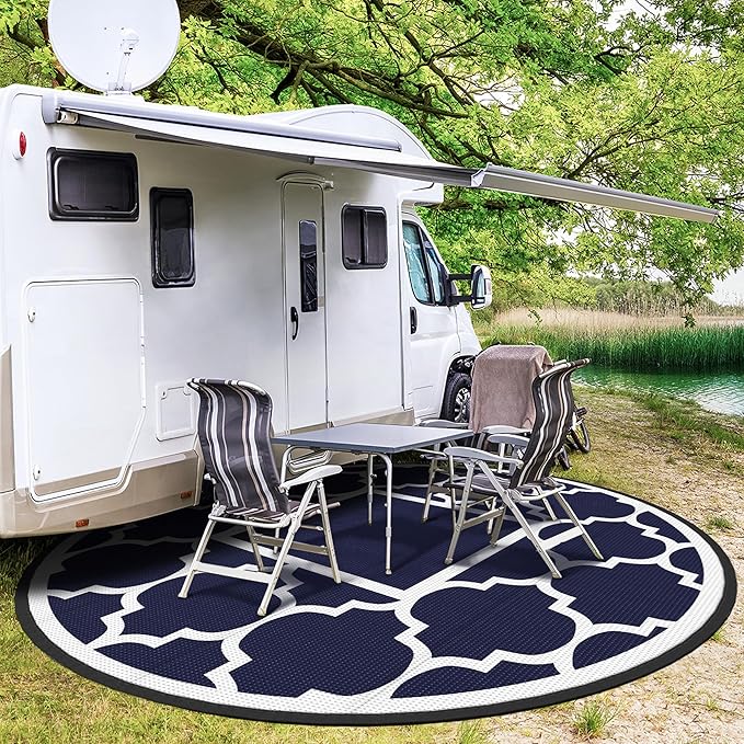 GENIMO 10 ' Round Outdoor Rug for Patio, Waterproof Indoor Outdoor Plastic Straw Rugs Carpet, Reversible Outside Area Mat for Camping, Balcony Porch, Deck, Picnic, Blue White