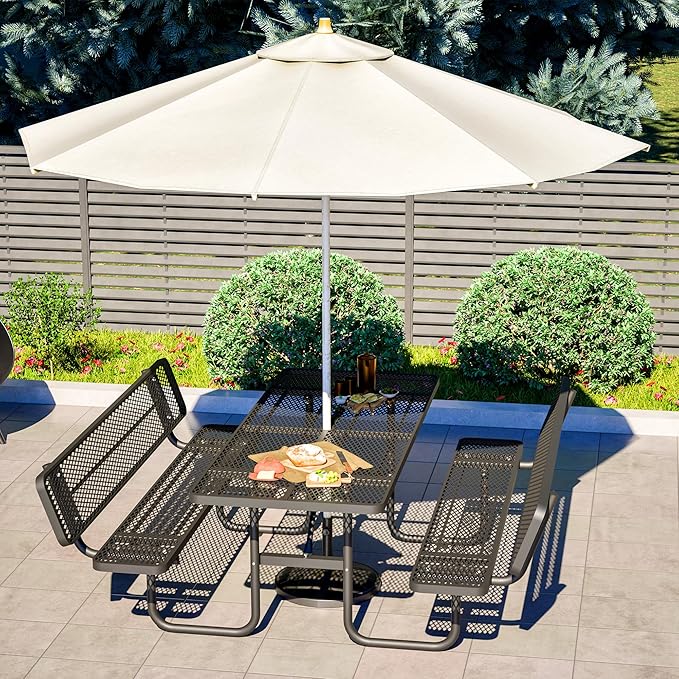 79'' Steel Rectangular Picnic Table for Outdoors, with backrest, Expanded, Lifetime Picnic Table with Umbrella Hole, Heavy Duty Sturdy Commercial Picnic Tables for Garden Courtyard BBQ, Black