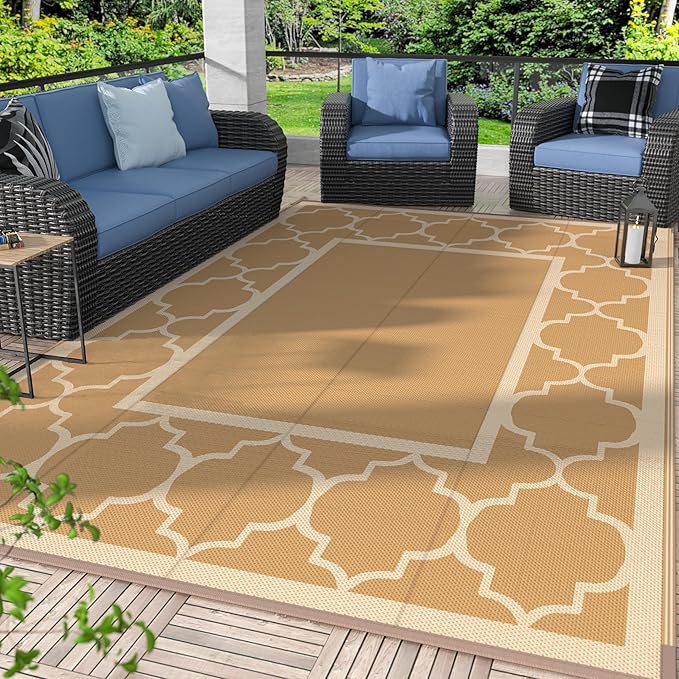 GENIMO 9' x 12' Outdoor Rug for Patio Clearance, Waterproof Indoor Outdoor Plastic Straw Rugs Carpet, Reversible Outside Area Rv Mat for Camping, Balcony Porch, Deck, Picnic, Beach (Brown & Beige)