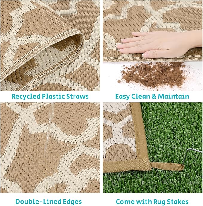 HEBE Outdoor Rug Waterproof 6x9, Plastic Straw Rug Camping Rug, Reversible Outdoor Patio Rugs RV Mat Clearance, Indoor Outside Floor Carpet for Porch,Deck,Camper,Balcony,Backyard