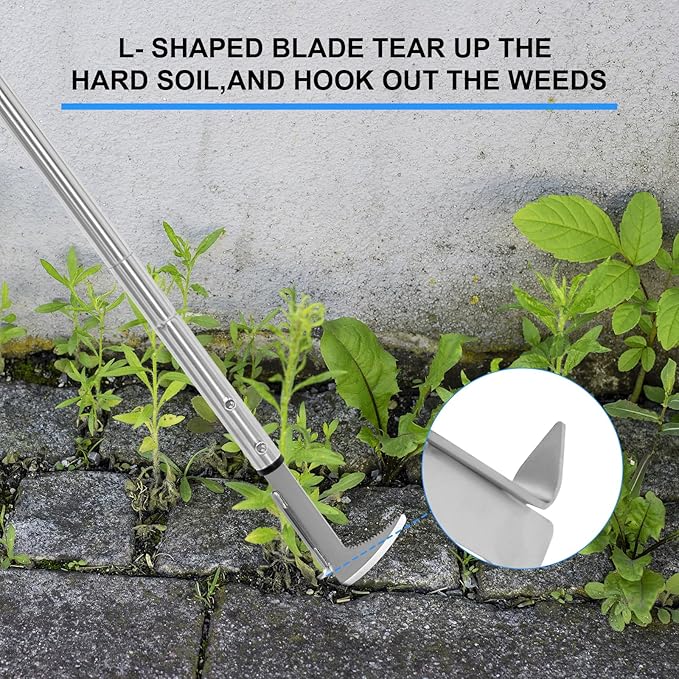 Crack Weeder, Stainless Steel Manual Crevice Weeding Tool, Long Handle Weed Grabber Remover, L-Shaped Manual Weeder Puller, Durable Crevice Weeding Tool for Sidewalk Garden Patio Lawn