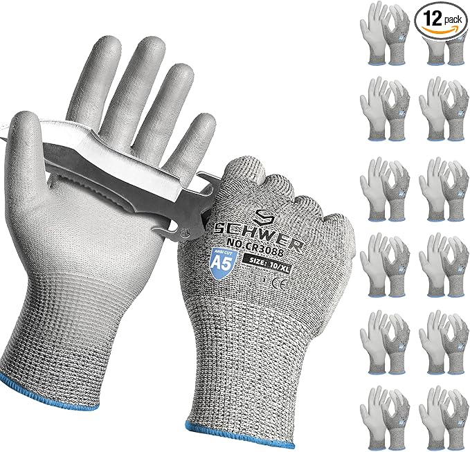 Schwer 12 Pairs ANSI A5 Cut Resistant Work Gloves, Cut Proof Gloves with PU Coating, Used for Metal Fabrication, WoodWorking, Construction, Non Slip, Durable, XL, CR3088