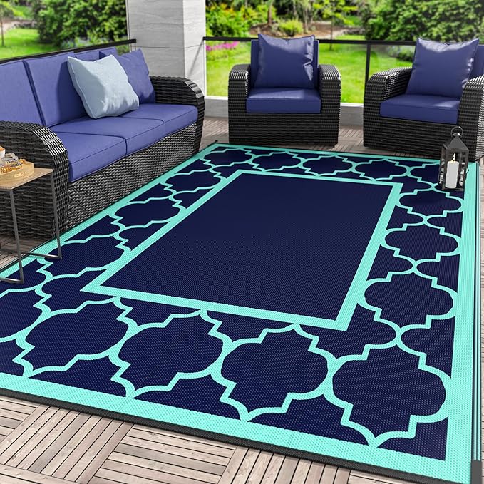 GENIMO 5 ' x 8 ' Outdoor Rug for Patio, Waterproof Indoor Outdoor Plastic Straw Rugs Carpet, Reversible Outside Area Mat for Camping, Balcony Porch, Deck, Picnic, Beach Navy Blue & Jade Green