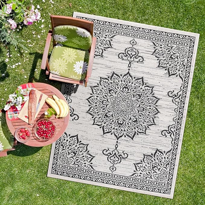 CAMILSON Outdoor Rug, 5x7 Medallion White Black Modern Area Rugs for Indoor and Outdoor Patios, Kitchen and Hallway Mats, Washable Porch Deck Outside Carpet (Medallion White, 5 x 7)