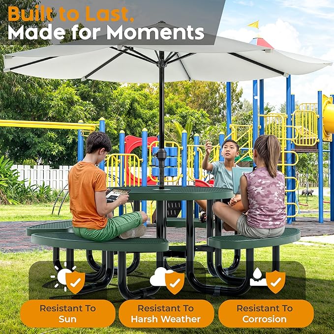 Metal Picnic Tables for Kids for Outdoors with Umbrella Hole - Coated Steel Heavy Duty Commercial Grade Table with Adjustable Seats (Green, 38 in, Kids, Expanded Steel)
