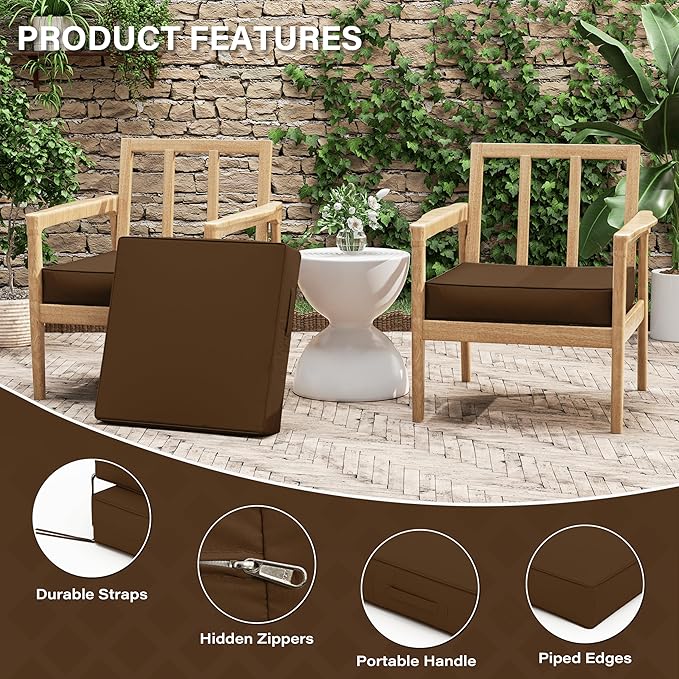 Patio Chair Cushions 22 X 22 X 4 Inch Waterproof Outdoor Seat Cushions for Patio Furniture, Outdoor Sofa Couch Pads with Ties & Handle, Set of 2, Chocolate