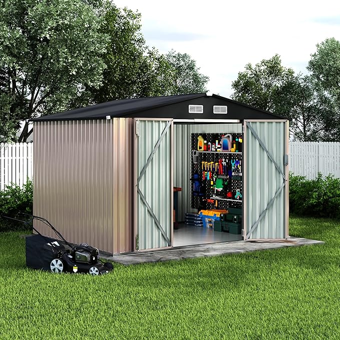 8x10 FT Metal Storage Sheds Outdoor with Floor, Metal Yard Sheds Garden Shed Kit, MetalTool Shed with Lockable Door, Metals UtilitySheds Buildings with Air Vent for Backyard Garden Patio Lawn