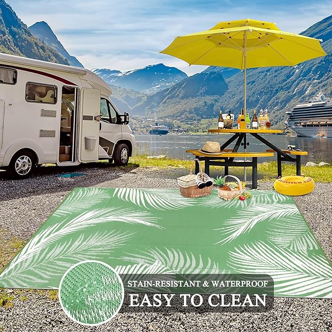 Pauwer Waterproof Outdoor Rug 8x10, Reversible Plastic Straw Patio Camping Rug, Indoor Outdoor RV Mat Carpet for Deck, Camper, Porch, Balcony, Backyard, Picnic, Leaf Green