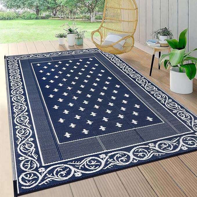 Pauwer Waterproof Outdoor Rug 6x9, Reversible Plastic Straw Patio Camping Rug, Indoor Outdoor RV Mat Carpet for Deck, Camper, Porch, Balcony, Backyard, Picnic, Bordered Navy
