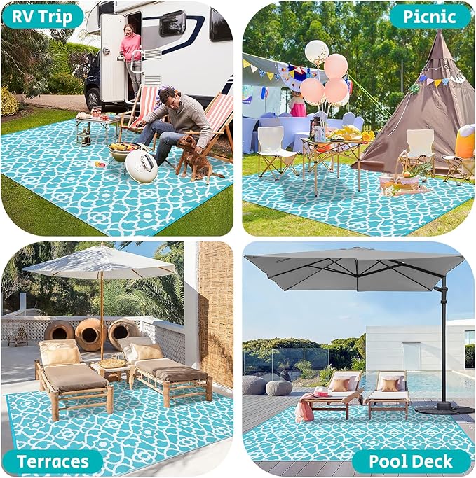 HEBE Outdoor Rug Waterproof 8x10, Plastic Straw Rug Camping Rug, Reversible Outdoor Patio Rugs RV Mat Clearance, Indoor Outside Floor Carpet for Porch,Deck,Camper,Balcony,Backyard